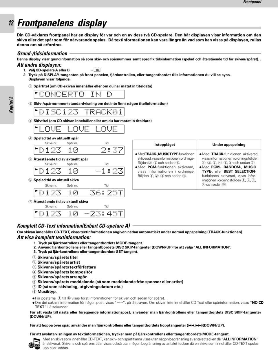 Grund-/tidsinformation Denna display visar grundinformation så som skiv- och spårnummer samt specifik tidsinformation (spelad och återstående tid för skivan/spåret).. Att ändra displayen:.