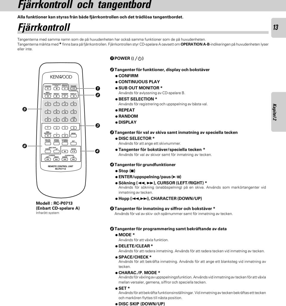 Tangenterna märkta med * finns bara på fjärrkontrollen. Fjärrkontrollen styr CD-spelare A oavsett om OPERATION A-B-indikeringen på huvudenheten lyser eller inte. 5 6 CONFIRM A B C BEST SELECTION.