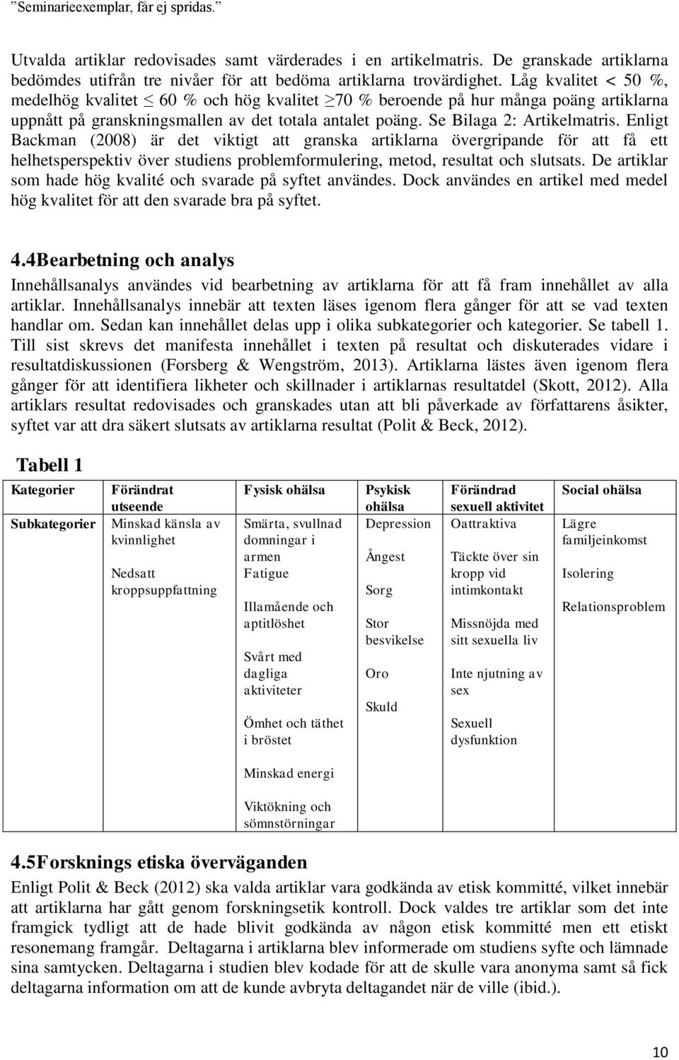 Enligt Backman (2008) är det viktigt att granska artiklarna övergripande för att få ett helhetsperspektiv över studiens problemformulering, metod, resultat och slutsats.