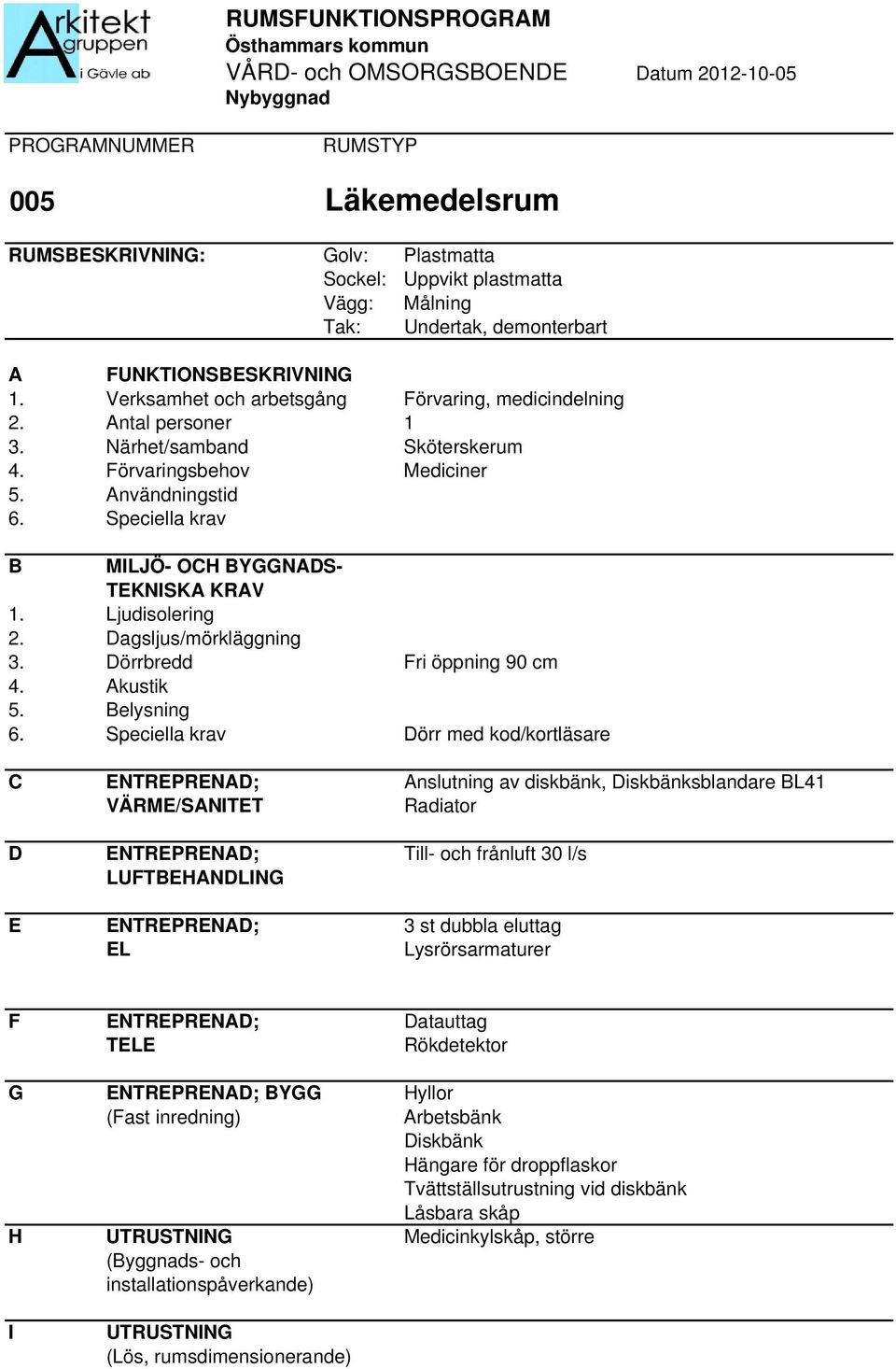 elysning Dörr med kod/kortläsare C ENTREPRENAD; Anslutning av diskbänk, Diskbänksblandare L41 Radiator D ENTREPRENAD; Till- och frånluft 30 l/s E ENTREPRENAD; 3 st