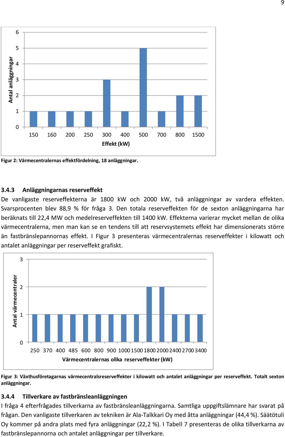 Effekterna varierar mycket mellan de olika värmecentralerna, men man kan se en tendens till att reservsystemets effekt har dimensionerats större än fastbränslepannornas effekt.