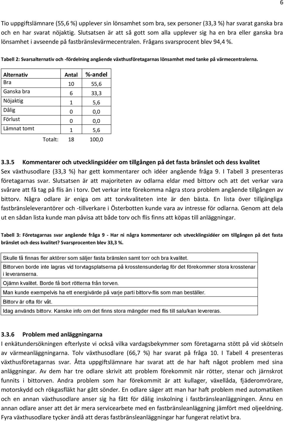Tabell 2: Svarsalternativ och -fördelning angående växthusföretagarnas lönsamhet med tanke på värmecentralerna.