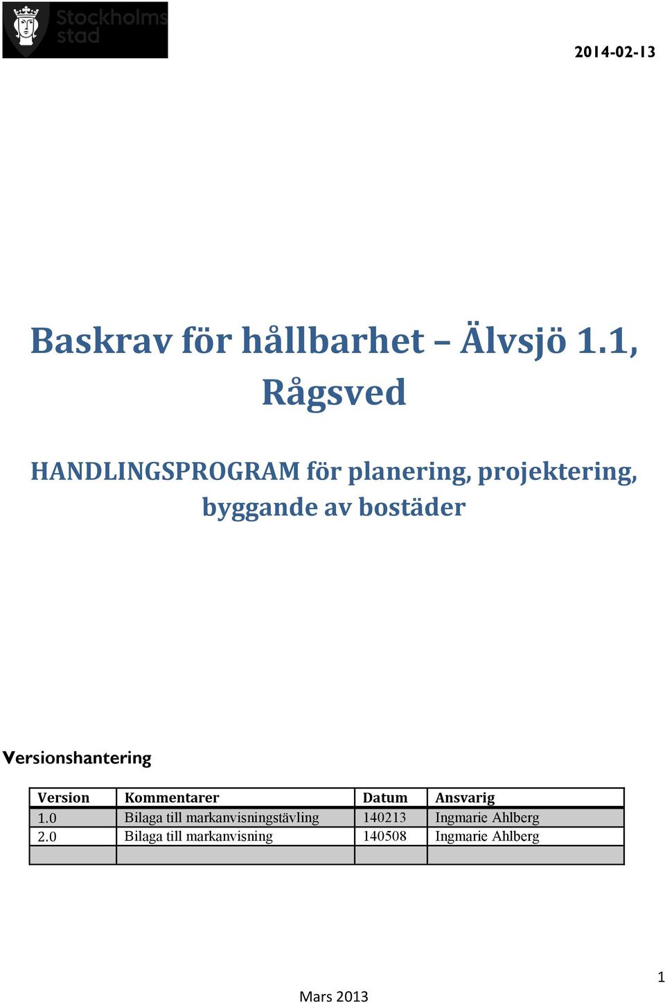 bostäder Versionshantering Version Kommentarer Datum Ansvarig 1.