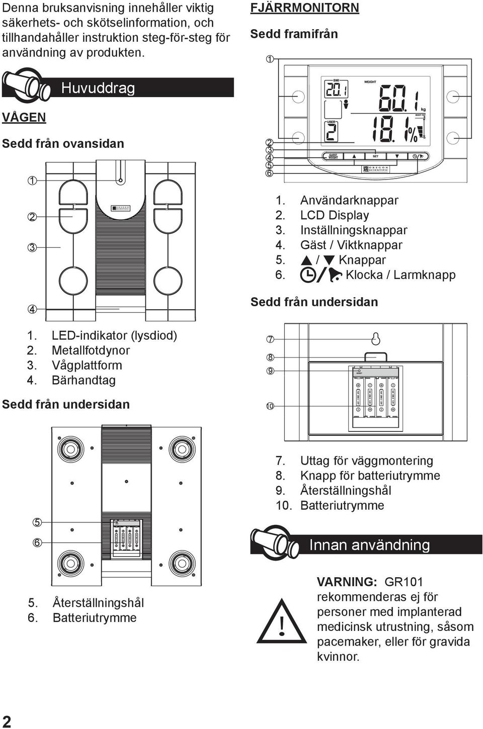 Användarknappar 2. LCD Display 3. Inställningsknappar 4. Gäst / Viktknappar 5. / Knappar 6. Klocka / Larmknapp Sedd från undersidan 7 8 9 10 5 6 7. Uttag för väggmontering 8.