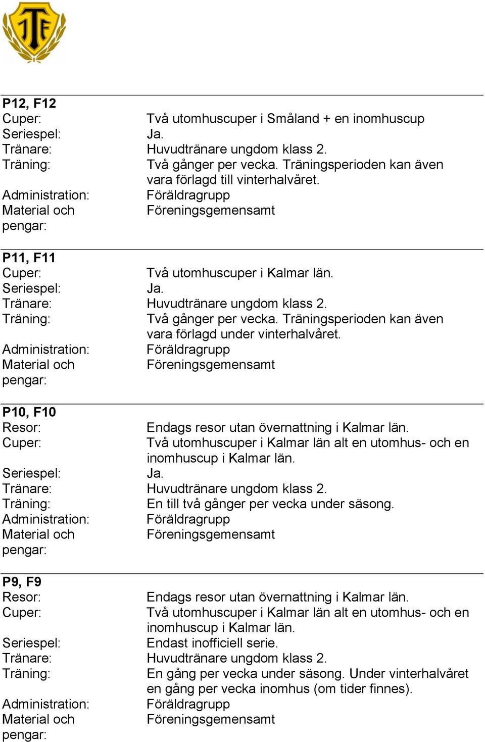 Två utomhuscuper i Kalmar län alt en utomhus- och en inomhuscup i Kalmar län. Tränare: Huvudtränare ungdom klass 2. En till två gånger per vecka under säsong.