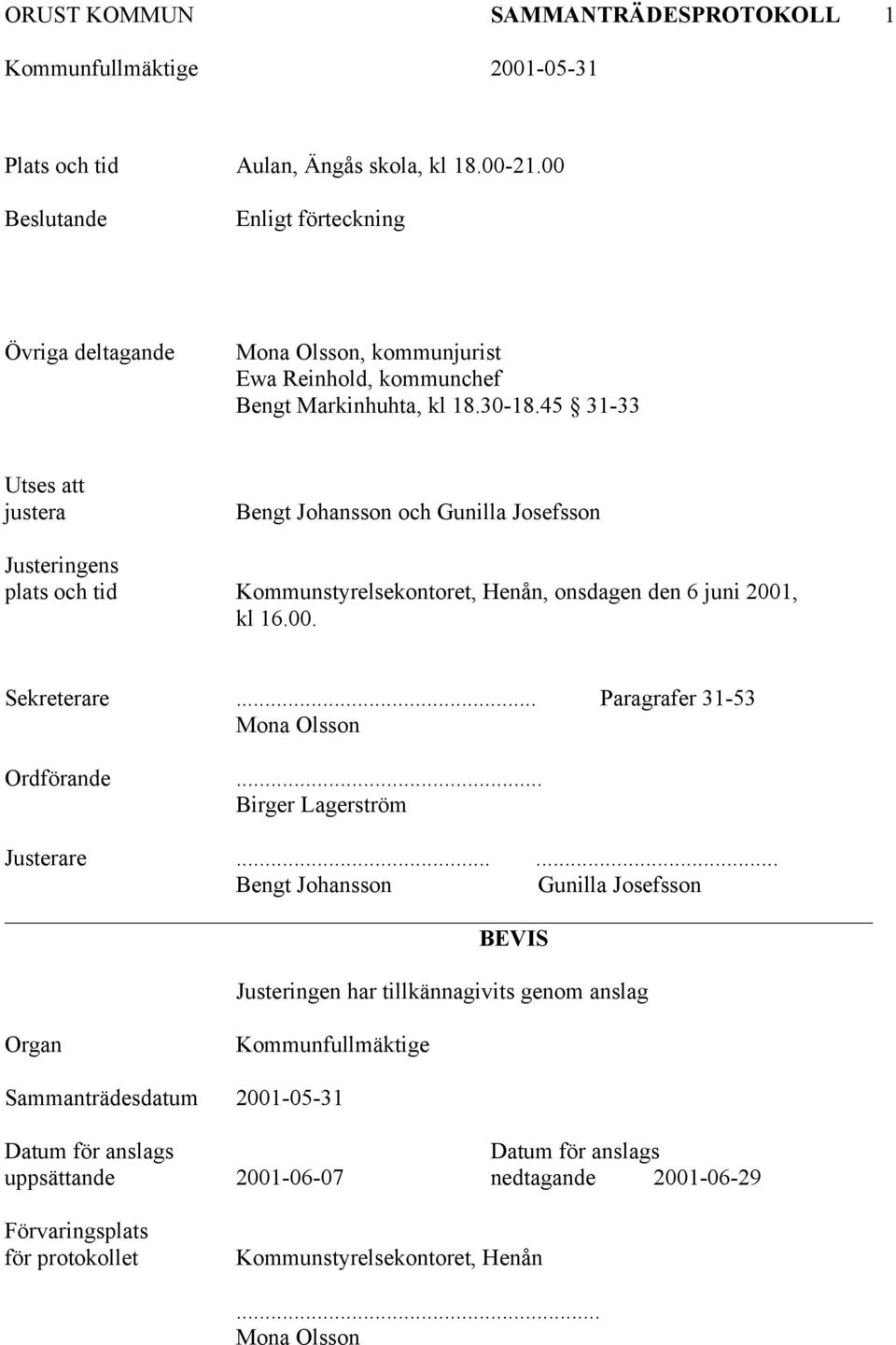 45 31-33 Utses att justera Bengt Johansson och Gunilla Josefsson Justeringens plats och tid Kommunstyrelsekontoret, Henån, onsdagen den 6 juni 2001, kl 16.00. Sekreterare.