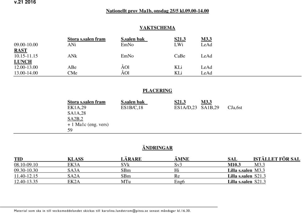 3 EK1A,29 ES1B/C,18 ES1A/D,23 SA1B,29 CJa,6st SA1A,28 SA2B,2 + 1 Ma1c (eng. vers) 59 ÄNDRINGAR TID KLASS LÄRARE ÄMNE SAL ISTÄLLET FÖR SAL 08.10-09.