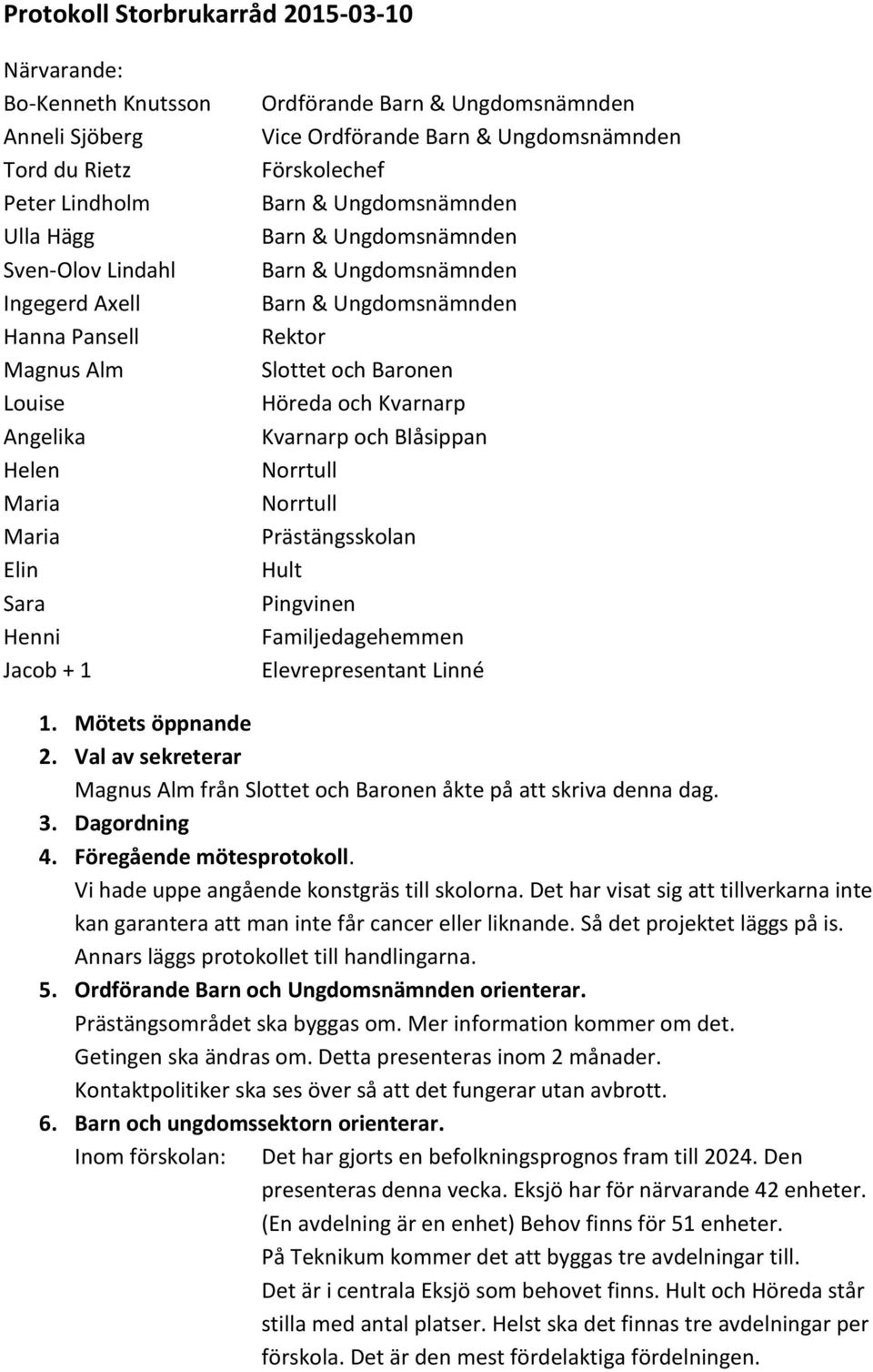 Pingvinen Familjedagehemmen Elevrepresentant Linné 1. Mötets öppnande 2. Val av sekreterar Magnus Alm från Slottet och Baronen åkte på att skriva denna dag. 3. Dagordning 4. Föregående mötesprotokoll.