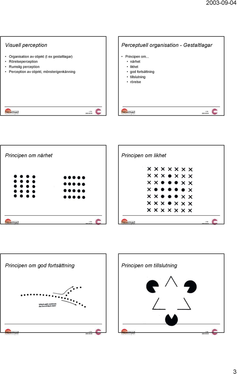 gestaltlagar) Rörelseperception Rumslig perception Perception av objekt, mönsterigenkänning