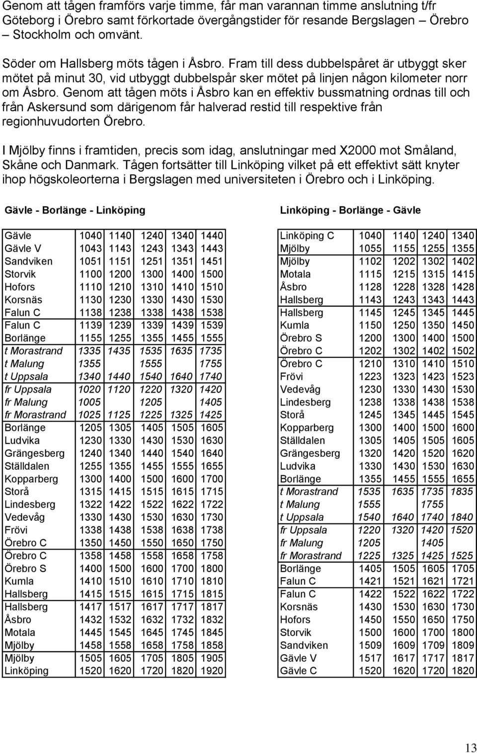 Genom att tågen möts i Åsbro kan en effektiv bussmatning ordnas till och från Askersund som därigenom får halverad restid till respektive från regionhuvudorten Örebro.