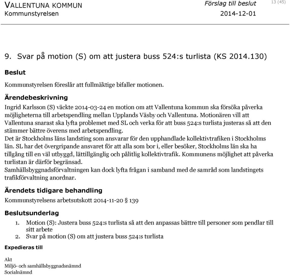 Motionären vill att Vallentuna snarast ska lyfta problemet med SL och verka för att buss 524:s turlista justeras så att den stämmer bättre överens med arbetspendling.