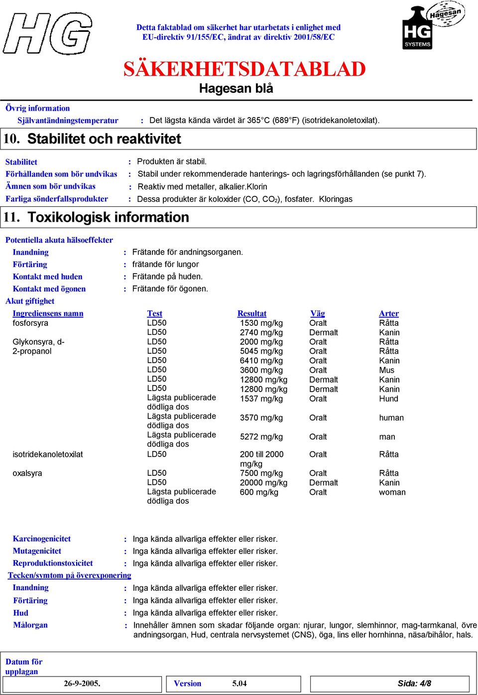 klorin Farliga sönderfallsprodukter Dessa produkter är koloxider (CO, CO2), fosfater. Kloringas 11.