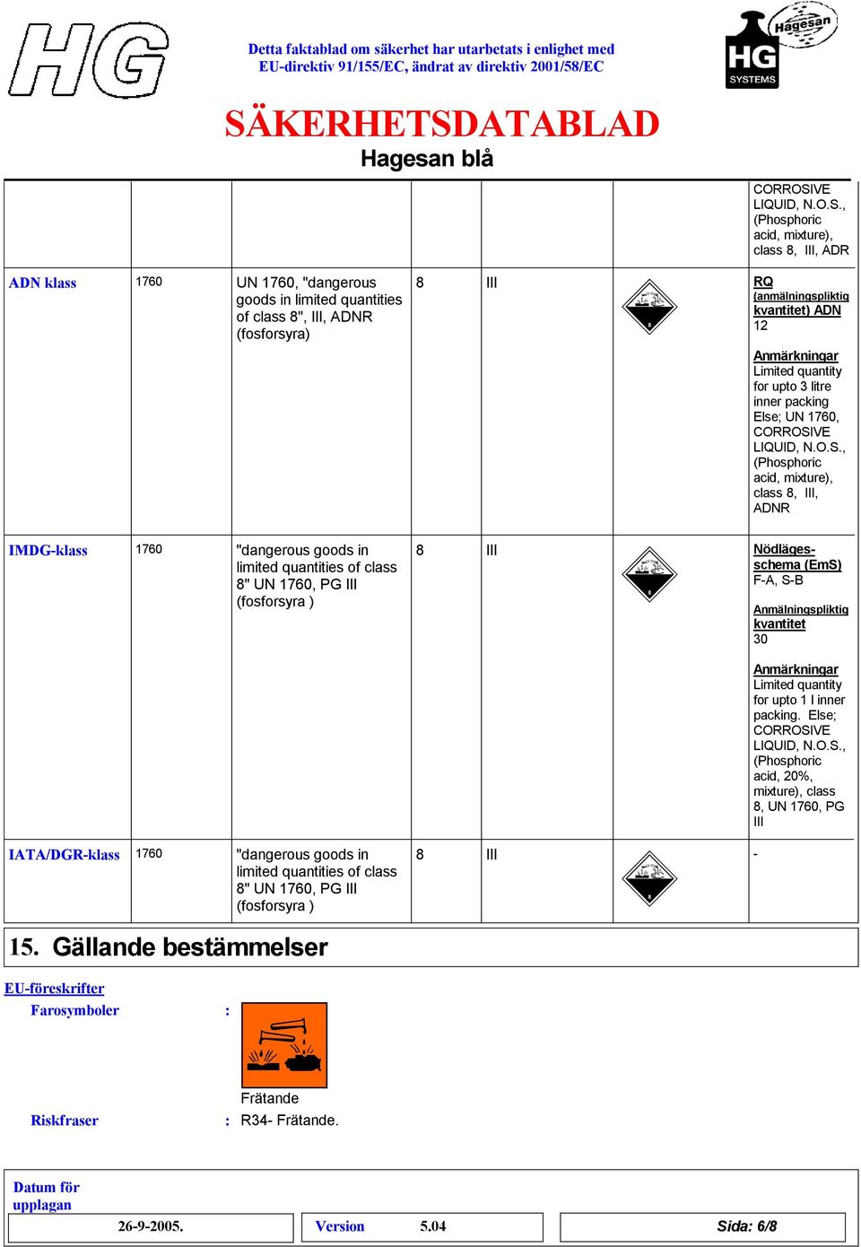 , (Phosphoric acid, mixture), class, III, ADR ADN klass 1760 UN 1760, "dangerous goods in limited quantities of class ", III, ADNR (fosforsyra) III RQ (anmälningspliktig kvantitet) ADN 12