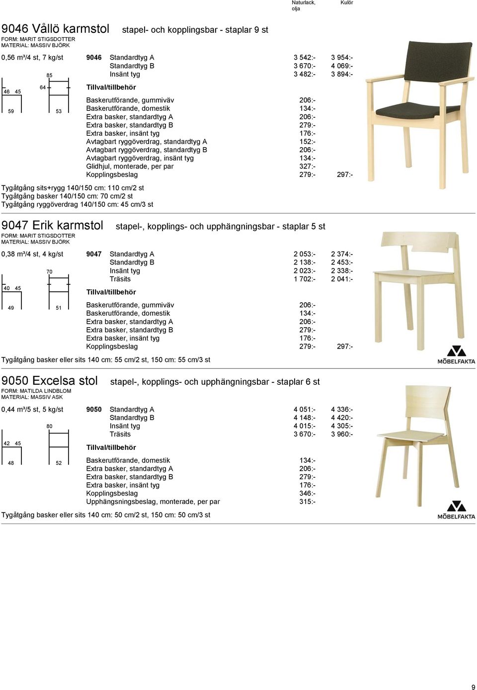 Avtagbart ryggöverdrag, standardtyg B 206:- Avtagbart ryggöverdrag, insänt tyg 134:- Glidhjul, monterade, per par 327:- Kopplingsbeslag 279:- 297:- 9047 Erik karmstol stapel-, kopplings- och