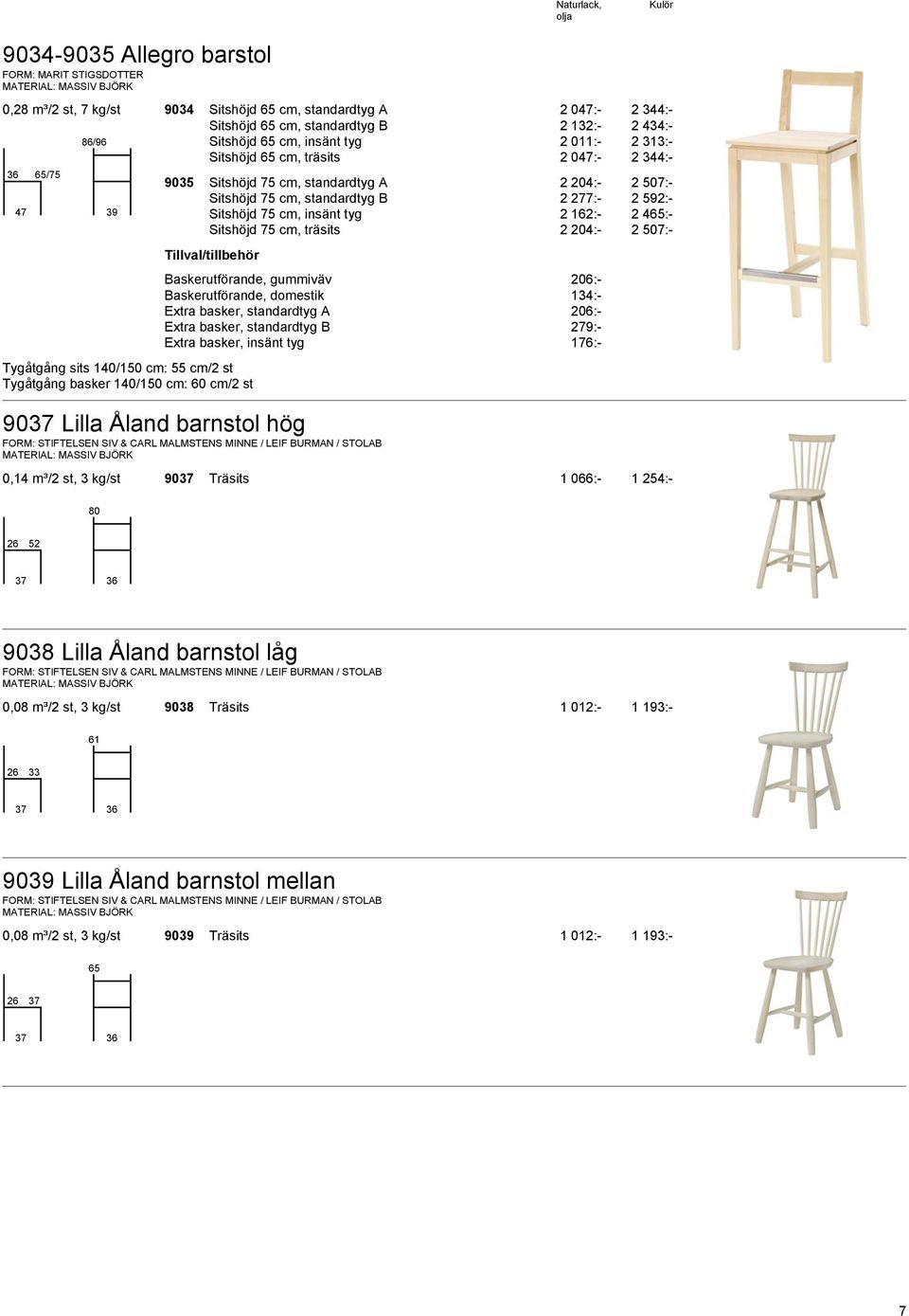 Sitshöjd 75 cm, träsits 2 204:- 2 507:- Tygåtgång sits 140/150 cm: 55 cm/2 st Tygåtgång basker 140/150 cm: 60 cm/2 st Baskerutförande, gummiväv 206:- 9037 Lilla Åland barnstol hög FORM: STIFTELSEN