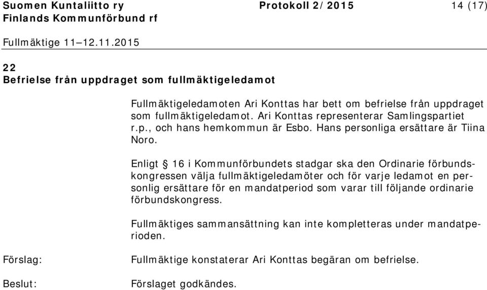 Enligt 16 i Kommunförbundets stadgar ska den Ordinarie förbundskongressen välja fullmäktigeledamöter och för varje ledamot en personlig ersättare för en mandatperiod som