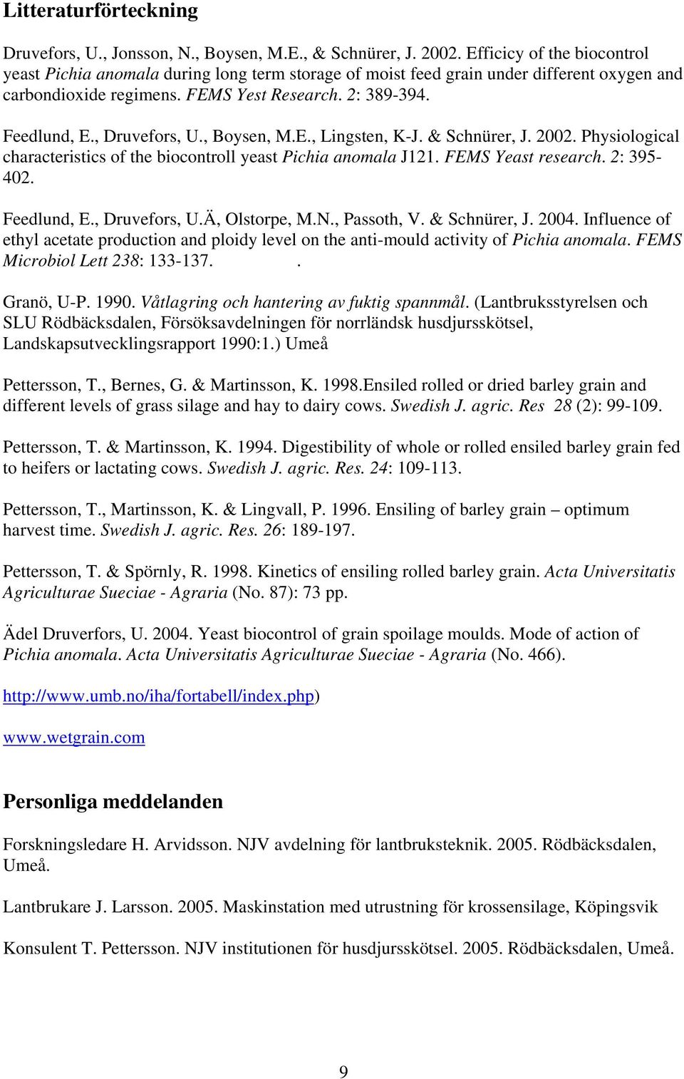 , Druvefors, U., Boysen, M.E., Lingsten, K-J. & Schnürer, J. 2002. Physiological characteristics of the biocontroll yeast Pichia anomala J121. FEMS Yeast research. 2: 395-402. Feedlund, E.