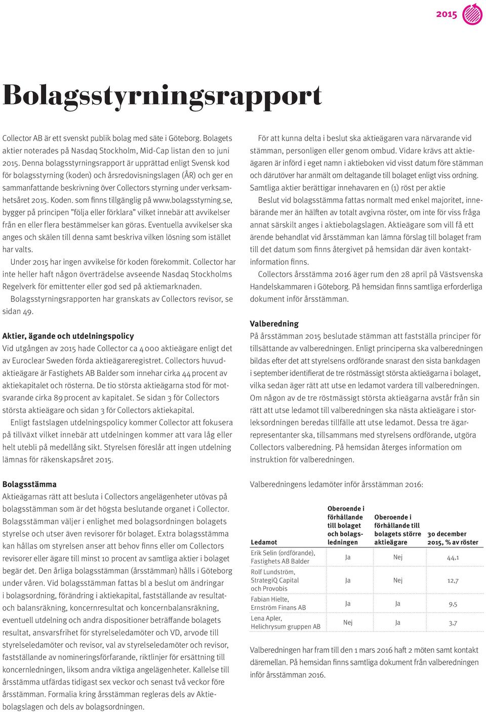 verksamhetsåret 2015. Koden. som finns tillgänglig på www.bolagsstyrning.se, bygger på principen följa eller förklara vilket innebär att avvikelser från en eller flera bestämmelser kan göras.