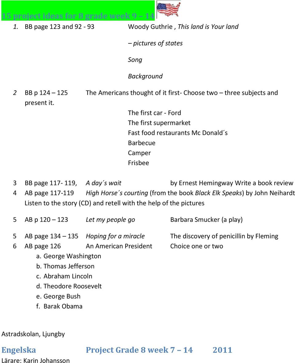 The first car - Ford The first supermarket Fast food restaurants Mc Donald s Barbecue Camper Frisbee 3 BB page 117-119, A day s wait by Ernest Hemingway Write a book review 4 AB page 117-119 High