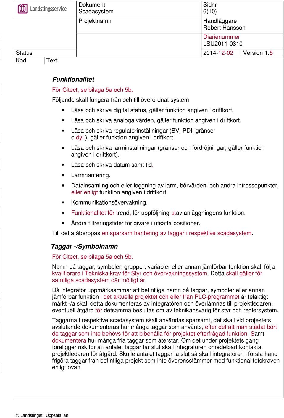 Läsa och skriva larminställningar (gränser och fördröjningar, gäller funktion angiven i driftkort). Läsa och skriva datum samt tid. Larmhantering.