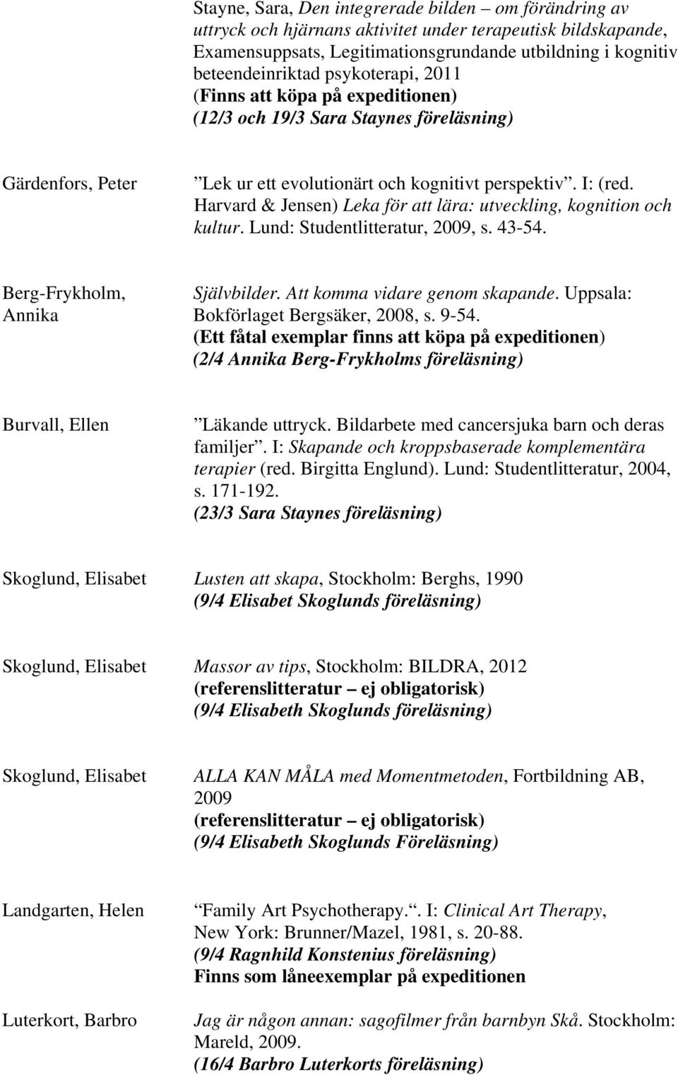 Harvard & Jensen) Leka för att lära: utveckling, kognition och kultur. Lund: Studentlitteratur, 2009, s. 43-54. Berg-Frykholm, Självbilder. Att komma vidare genom skapande.