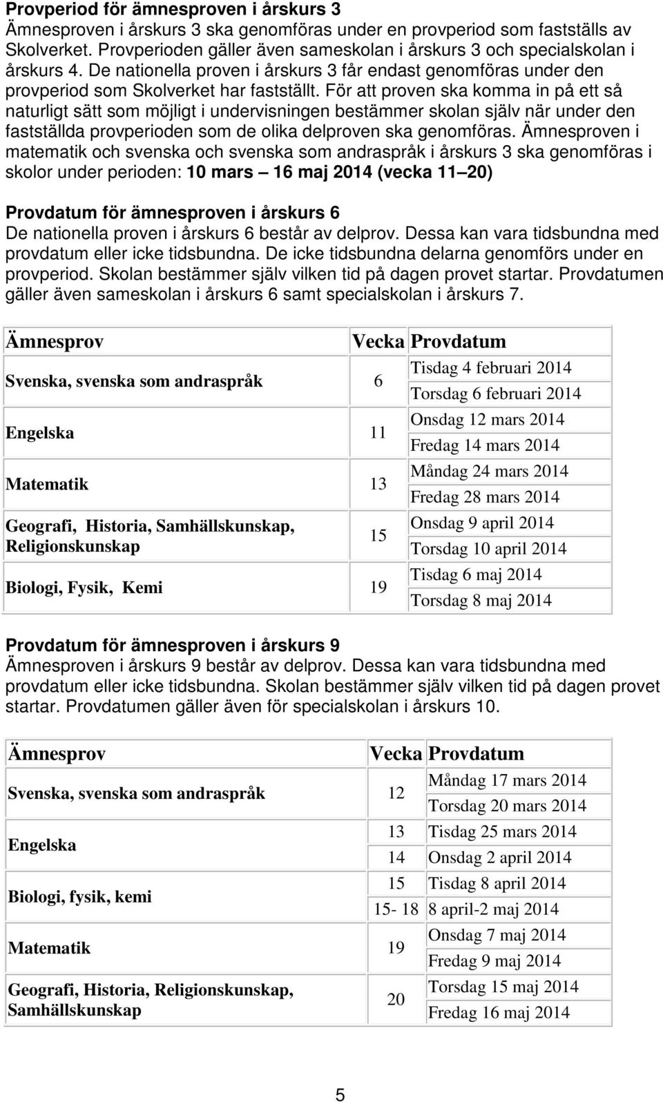 För att proven ska komma in på ett så naturligt sätt som möjligt i undervisningen bestämmer skolan själv när under den fastställda provperioden som de olika delproven ska genomföras.