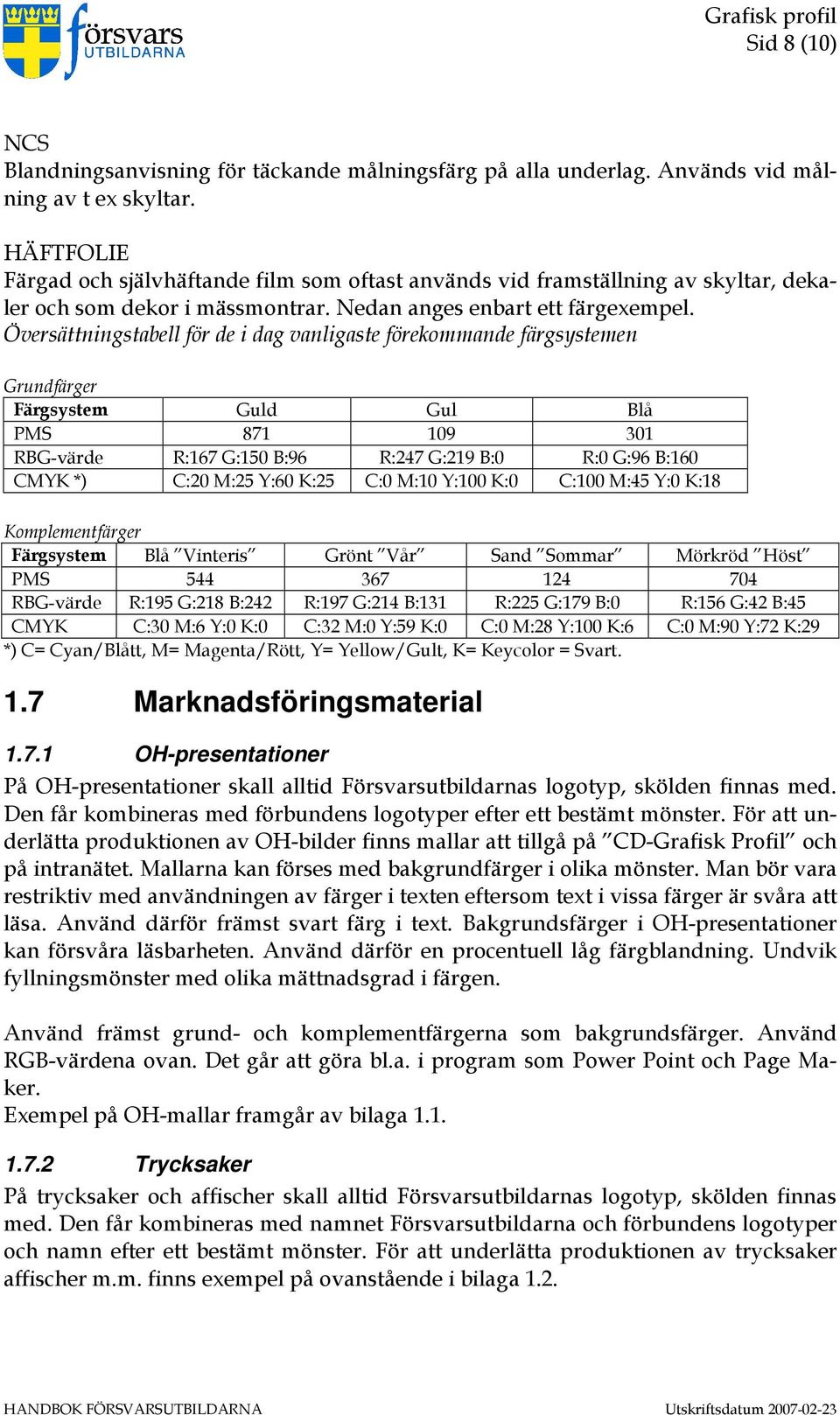 Översättningstabell för de i dag vanligaste förekommande färgsystemen Grundfärger Färgsystem Guld Gul Blå PMS 871 109 301 RBG-värde R:167 G:150 B:96 R:247 G:219 B:0 R:0 G:96 B:160 CMYK *) C:20 M:25