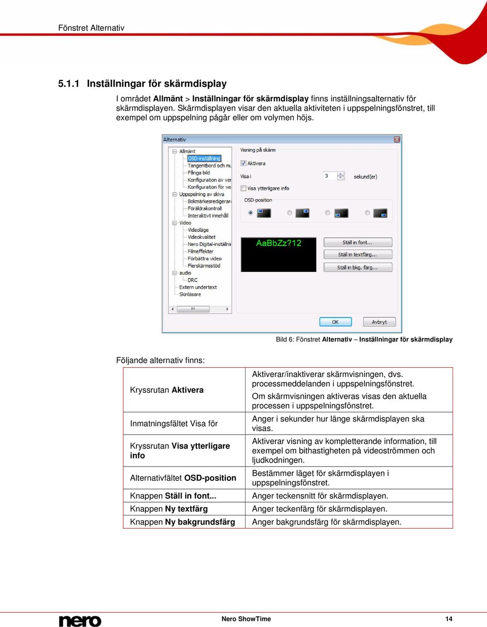 Bild 6: Fönstret Alternativ Inställningar för skärmdisplay Följande alternativ finns: Kryssrutan Aktivera Inmatningsfältet Visa för Kryssrutan Visa ytterligare info Alternativfältet OSD-position