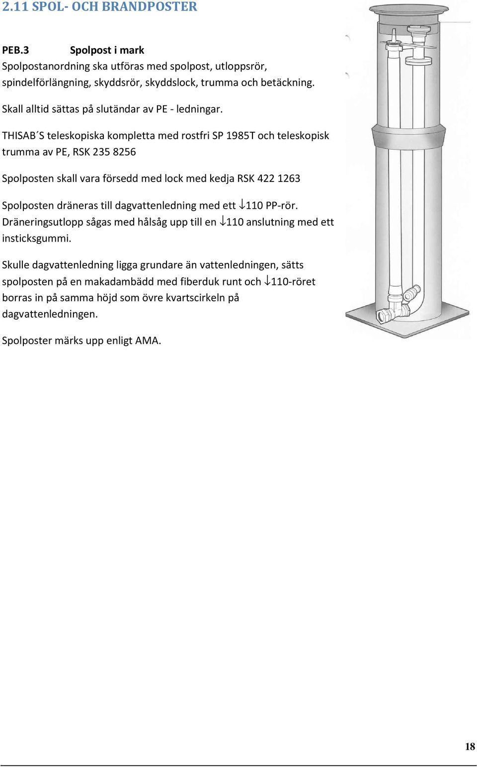 THISAB S teleskopiska kompletta med rostfri SP 1985T och teleskopisk trumma av PE, RSK 235 8256 Spolposten skall vara försedd med lock med kedja RSK 422 1263 Spolposten dräneras till