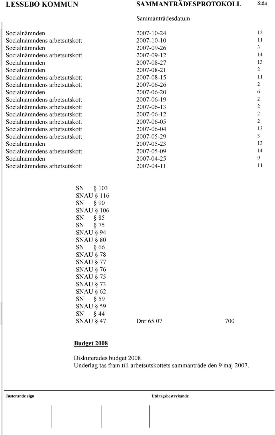 Socialnämndens arbetsutskott 2007-06-12 2 Socialnämndens arbetsutskott 2007-06-05 2 Socialnämndens arbetsutskott 2007-06-04 13 Socialnämndens arbetsutskott 2007-05-29 3 Socialnämnden 2007-05-23 13