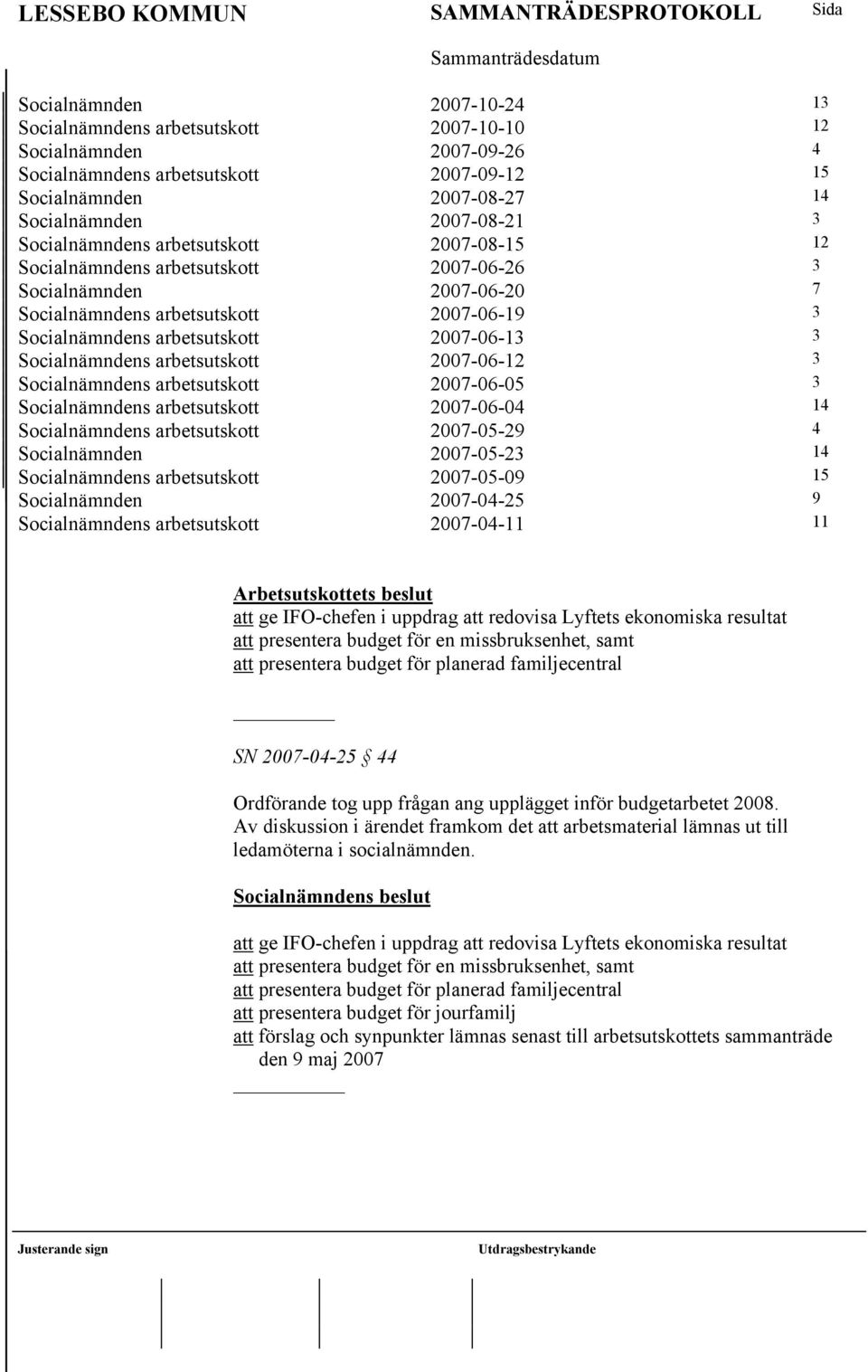 Socialnämndens arbetsutskott 2007-06-12 3 Socialnämndens arbetsutskott 2007-06-05 3 Socialnämndens arbetsutskott 2007-06-04 14 Socialnämndens arbetsutskott 2007-05-29 4 Socialnämnden 2007-05-23 14