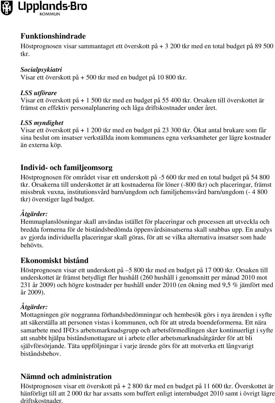 LSS myndighet Visar ett överskott på + 1 200 tkr med en budget på 23 300 tkr.