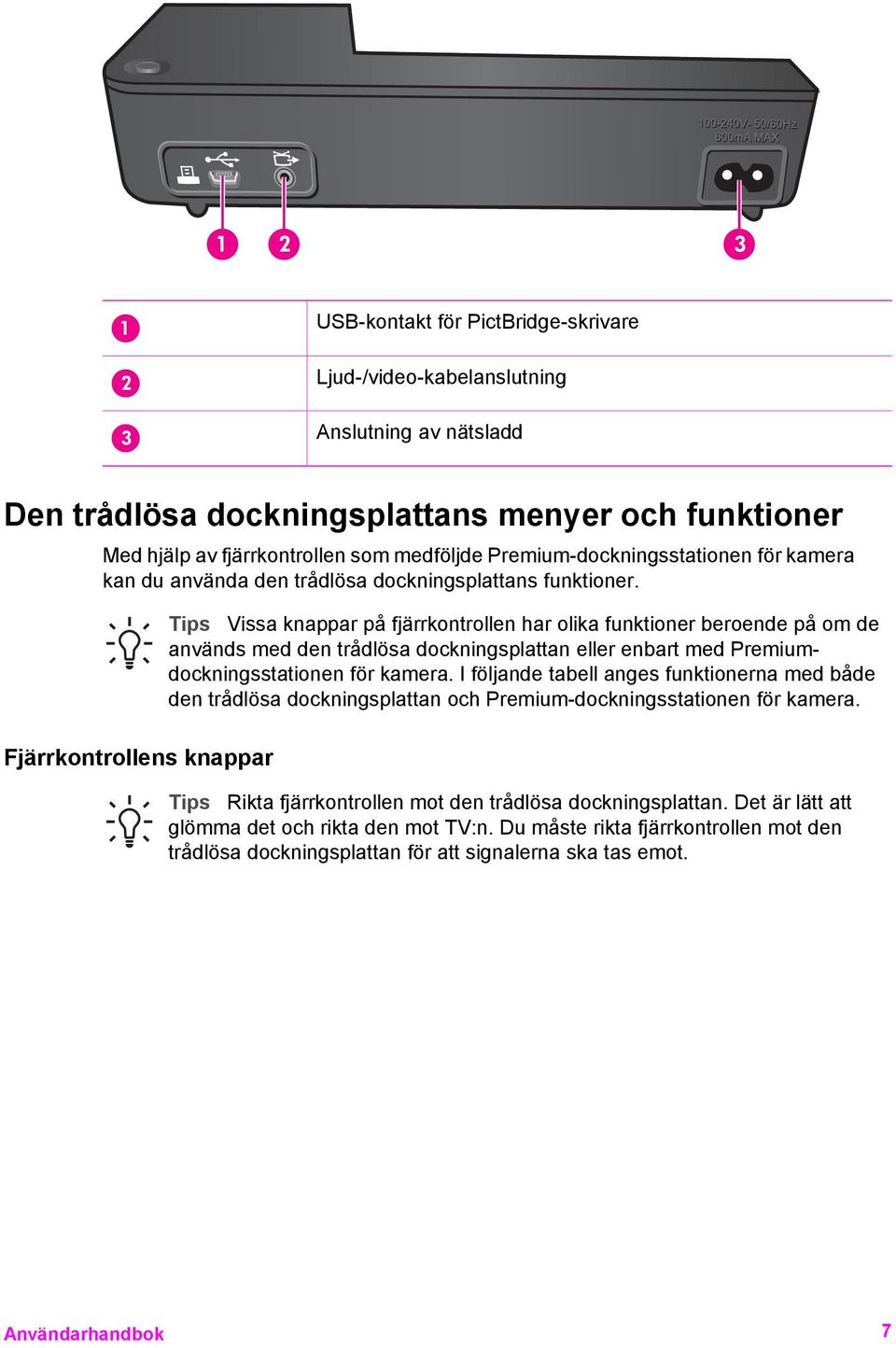 Fjärrkontrollens knappar Tips Vissa knappar på fjärrkontrollen har olika funktioner beroende på om de används med den trådlösa dockningsplattan eller enbart med Premiumdockningsstationen för kamera.