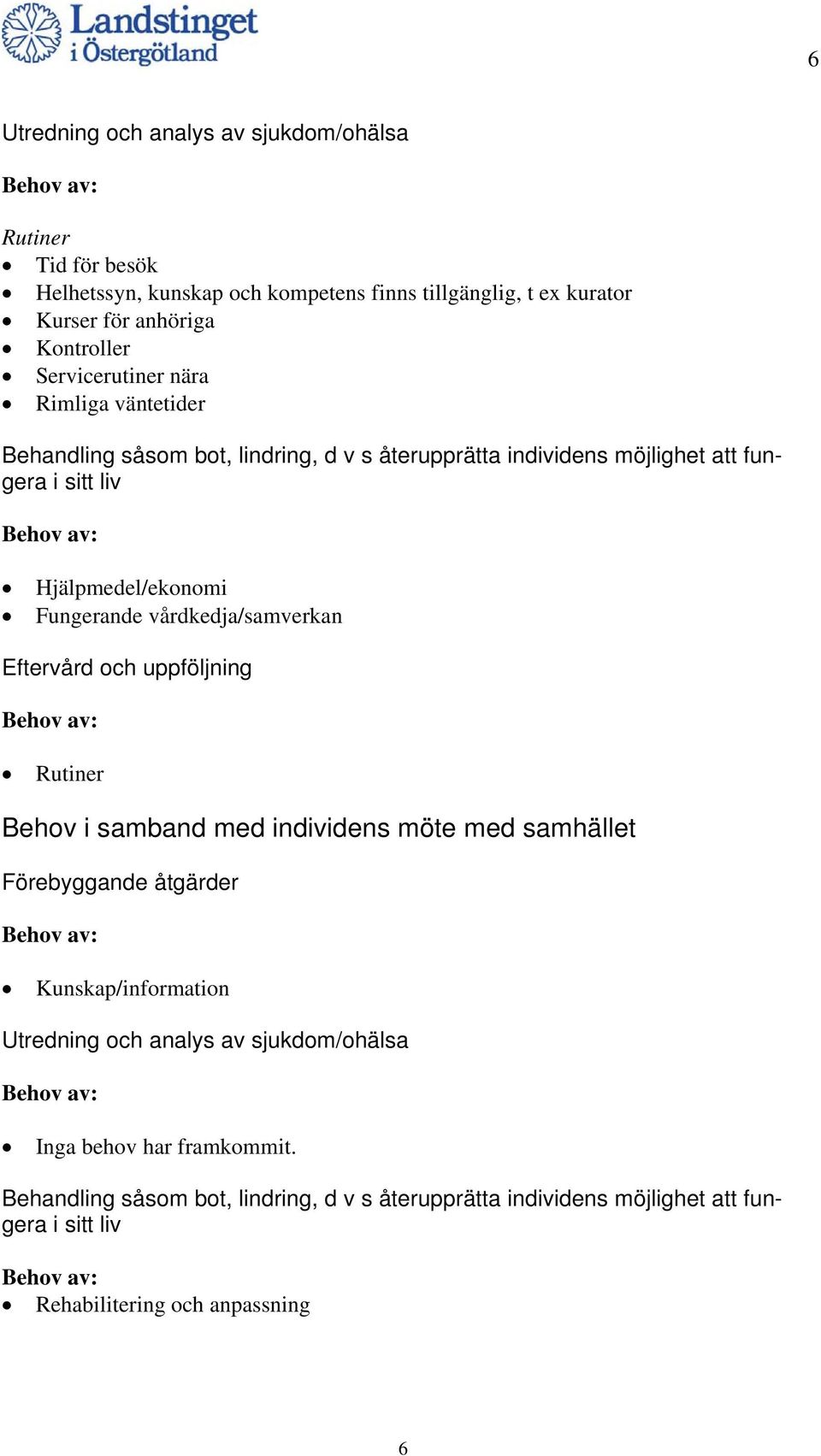 vårdkedja/samverkan Eftervård och uppföljning Rutiner Behov i samband med individens möte med samhället Förebyggande åtgärder Kunskap/information Utredning och