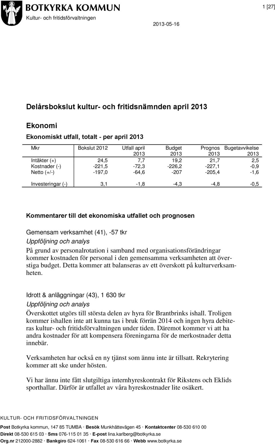 Kommentarer till det ekonomiska utfallet och prognosen Gemensam verksamhet (41), -57 tkr Uppföljning och analys På grund av personalrotation i samband med organisationsförändringar kommer kostnaden