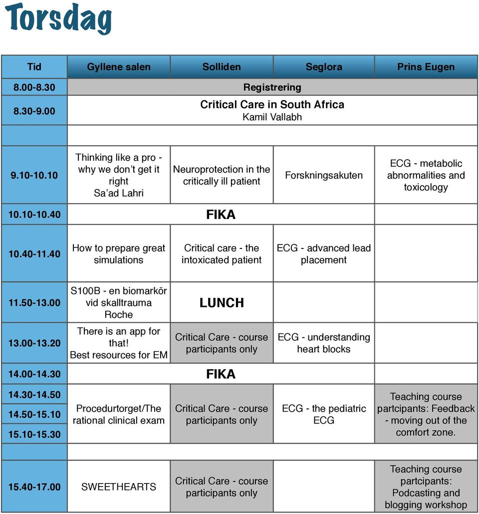 40 How to prepare great simulations Critical care - the intoxicated patient ECG - advanced lead placement 11.50-13.