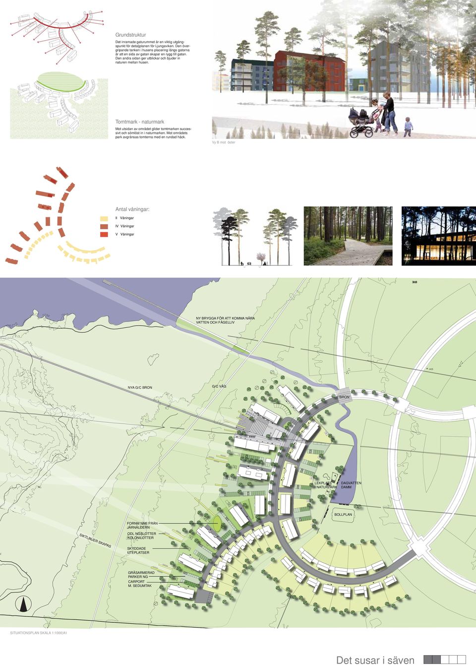 Tomtmark - naturmark Mot utsidan av området glider tomtmarken successivt och sömlöst in i naturmarken. Mot områdets park avgränsas tomterna med en rundad häck.