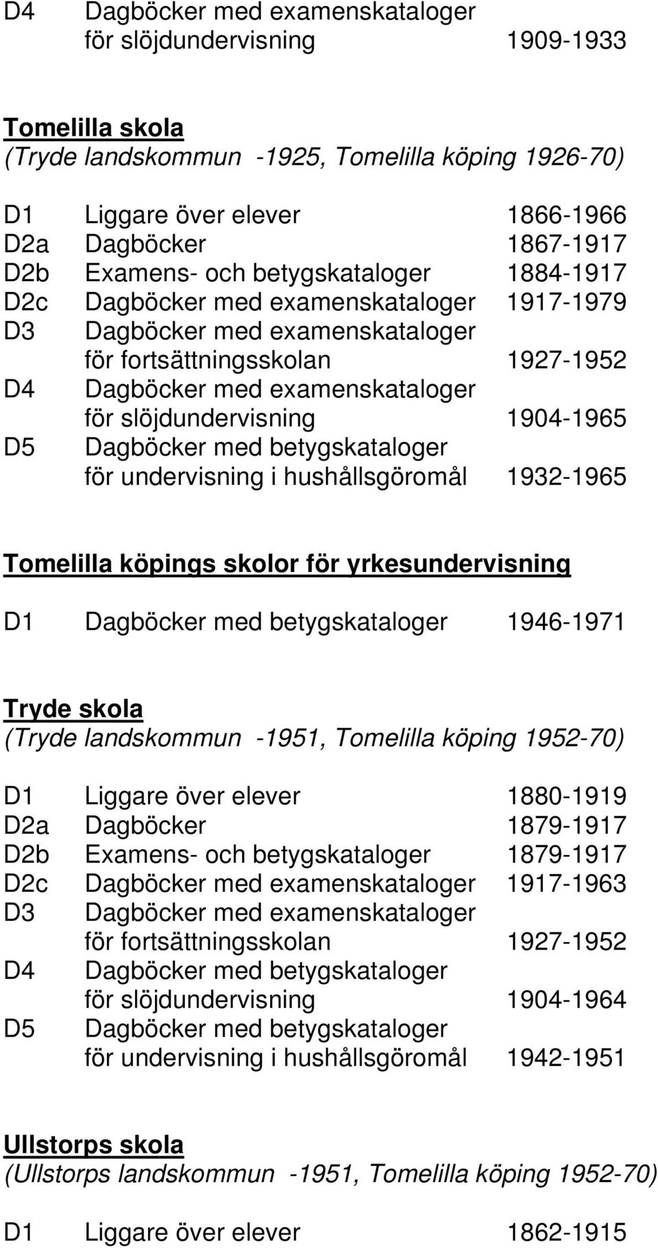 slöjdundervisning 1904-1965 D5 Dagböcker med betygskataloger för undervisning i hushållsgöromål 1932-1965 Tomelilla köpings skolor för yrkesundervisning D1 Dagböcker med betygskataloger 1946-1971