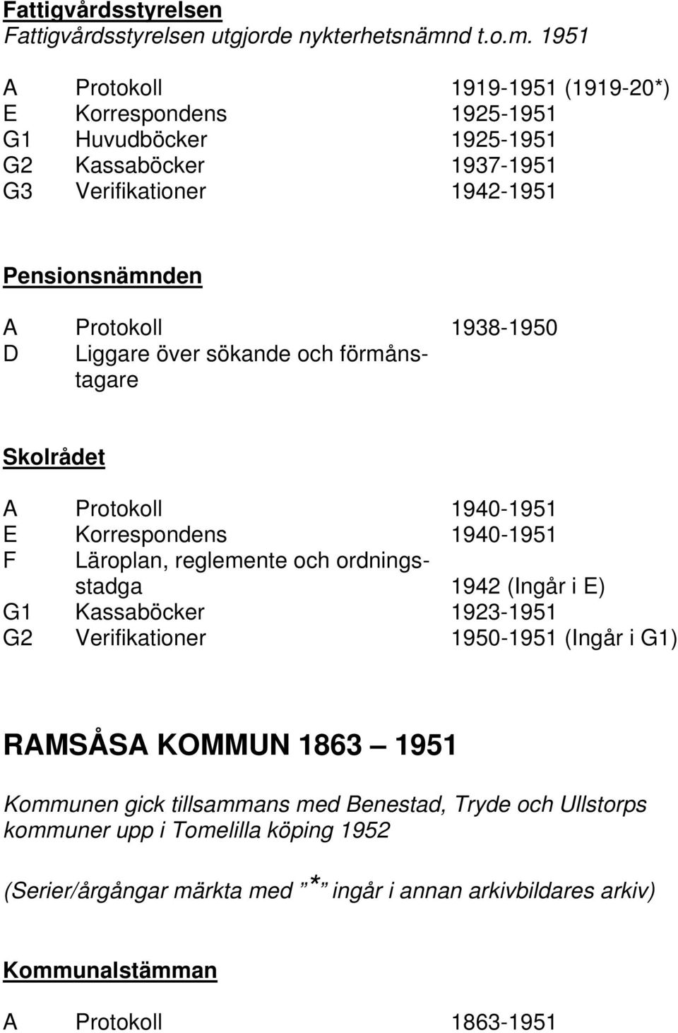 1951 A Protokoll 1919-1951 (1919-20*) E Korrespondens 1925-1951 G1 Huvudböcker 1925-1951 G2 Kassaböcker 1937-1951 G3 Verifikationer 1942-1951 Pensionsnämnden A Protokoll