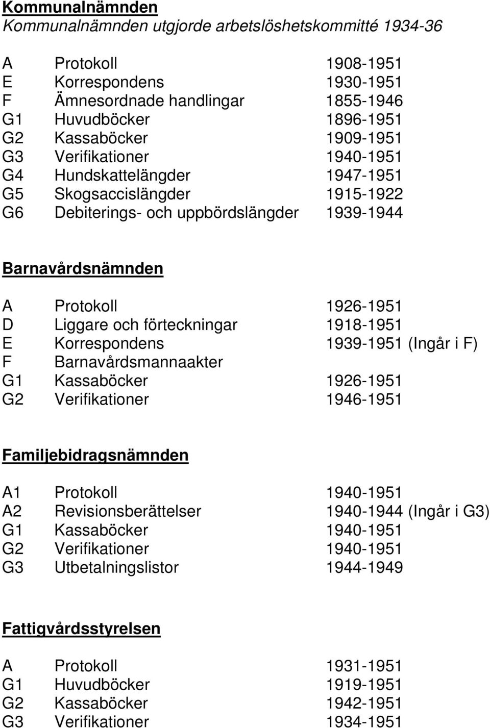 förteckningar 1918-1951 E Korrespondens 1939-1951 (Ingår i F) F Barnavårdsmannaakter G1 Kassaböcker 1926-1951 G2 Verifikationer 1946-1951 Familjebidragsnämnden A1 Protokoll 1940-1951 A2