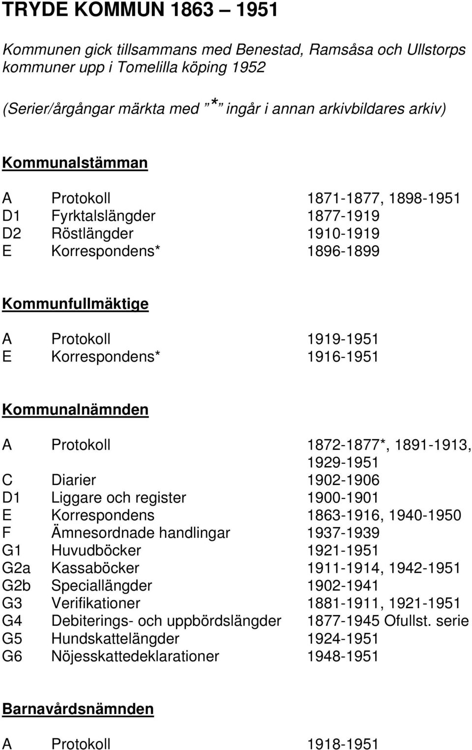 Kommunalnämnden A Protokoll 1872-1877*, 1891-1913, 1929-1951 C Diarier 1902-1906 D1 Liggare och register 1900-1901 E Korrespondens 1863-1916, 1940-1950 F Ämnesordnade handlingar 1937-1939 G1