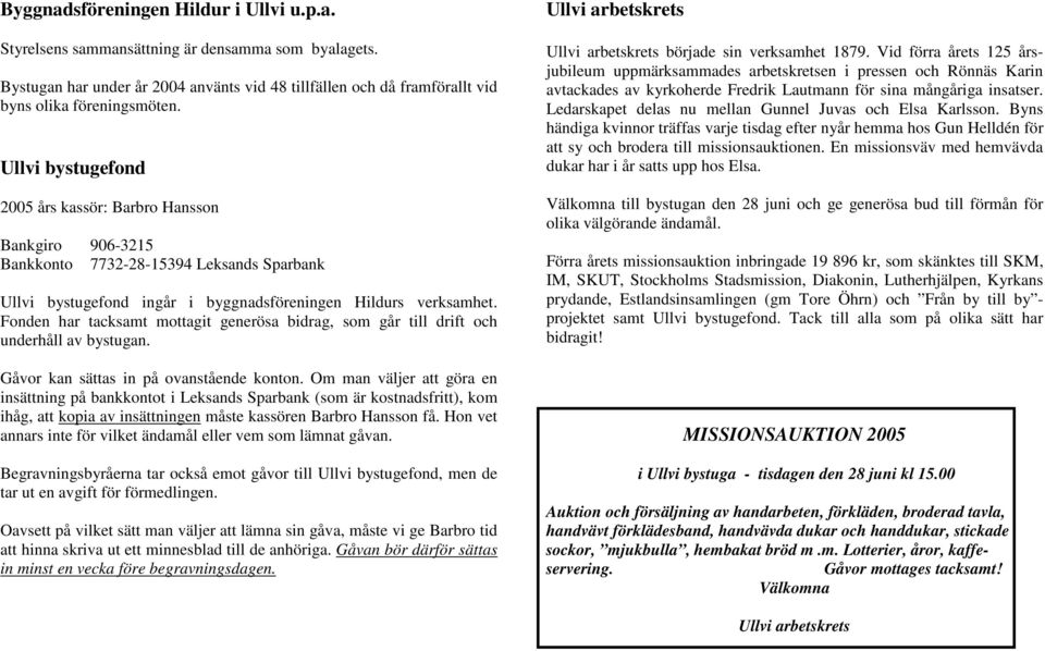 Fonden har tacksamt mottagit generösa bidrag, som går till drift och underhåll av bystugan. Gåvor kan sättas in på ovanstående konton.