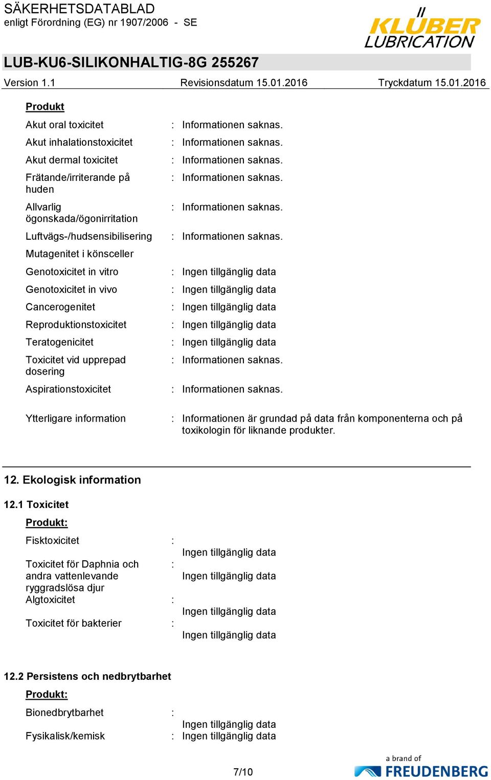 Ytterligare information : Informationen är grundad på data från komponenterna och på toxikologin för liknande produkter. 12. Ekologisk information 12.