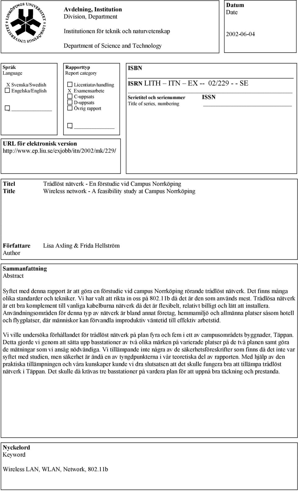 för elektronisk version http://www.ep.liu.