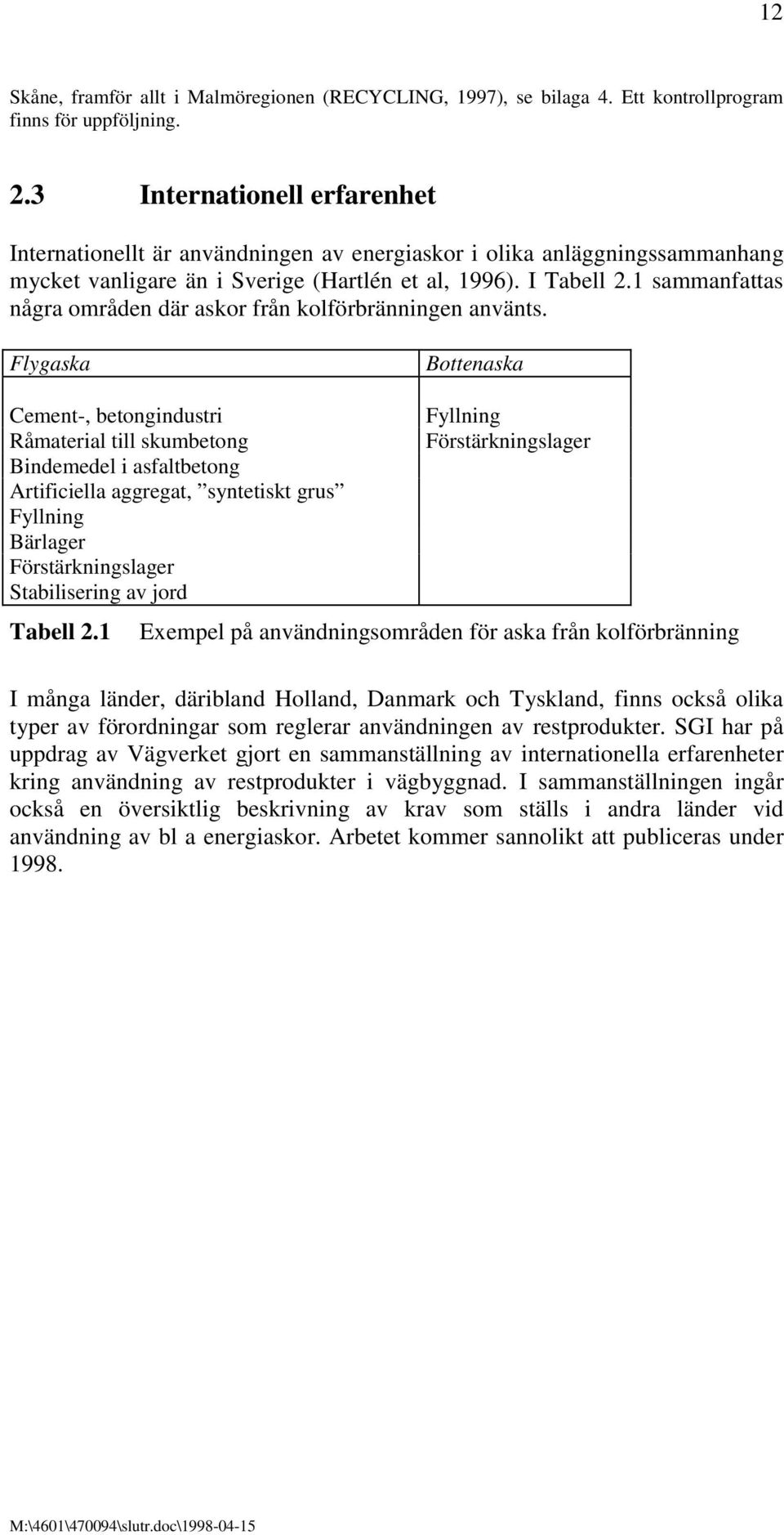 1 sammanfattas några områden där askor från kolförbränningen använts.