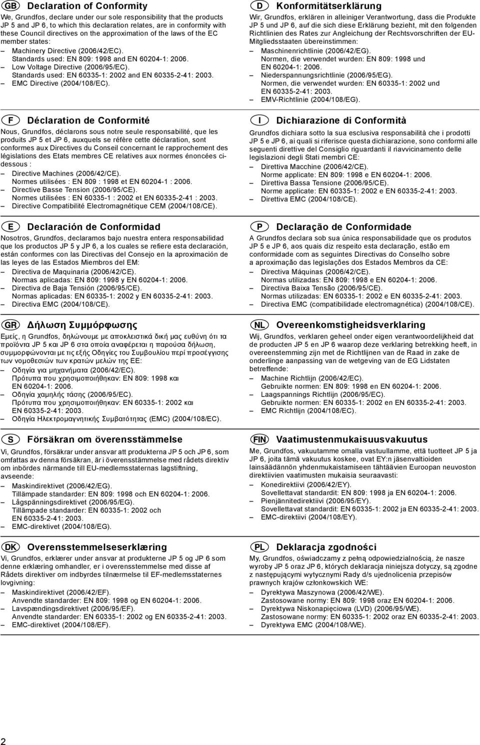 Standards used: EN 60335-1: 2002 and EN 60335-2-41: 2003. EMC Directive (2004/108/EC).