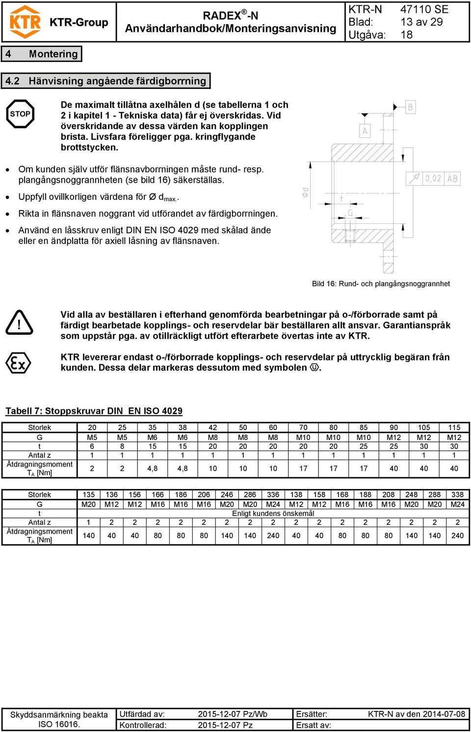 plangångsnoggrannheten (se bild 16) säkerställas. Uppfyll ovillkorligen värdena för Ø d max.. Rikta in flänsnaven noggrant vid utförandet av färdigborrningen.