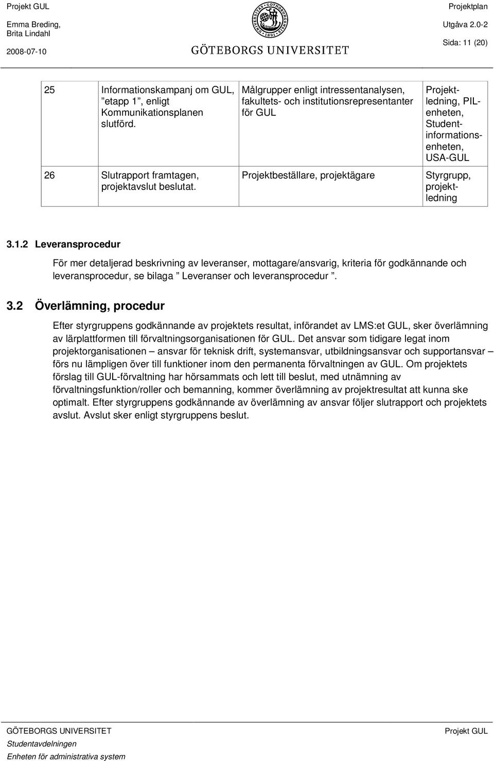 projektledning 3.1.2 Leveransprocedur För mer detaljerad beskrivning av leveranser, mottagare/ansvarig, kriteria för godkännande och leveransprocedur, se bilaga Leveranser och leveransprocedur. 3.2 Överlämning, procedur Efter styrgruppens godkännande av projektets resultat, införandet av LMS:et GUL, sker överlämning av lärplattformen till förvaltningsorganisationen för GUL.