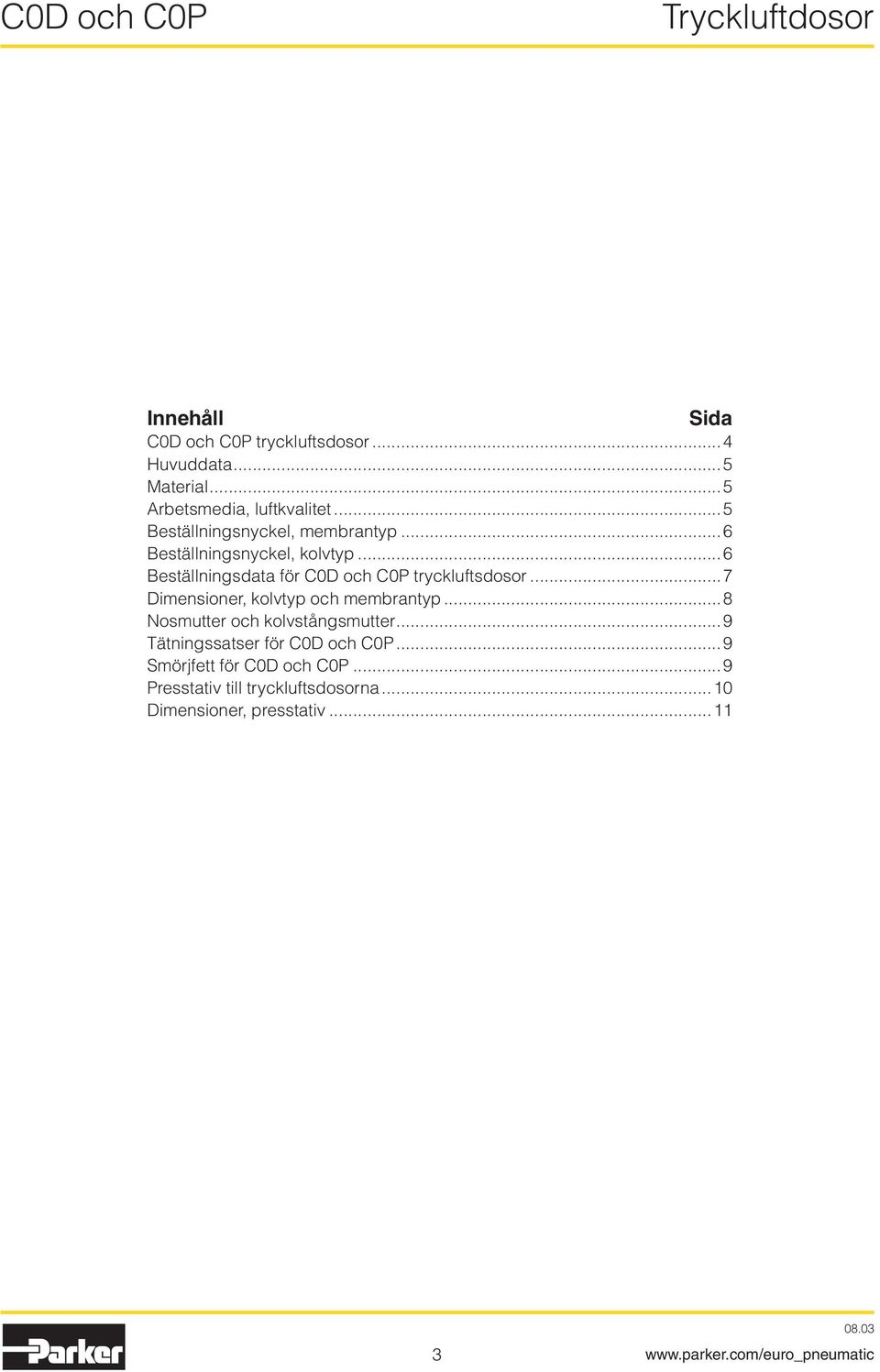 ..6 Beställningsdata för C0D och C0P tryckluftsdosor...7 Dimensioner, kolvtyp och membrantyp.