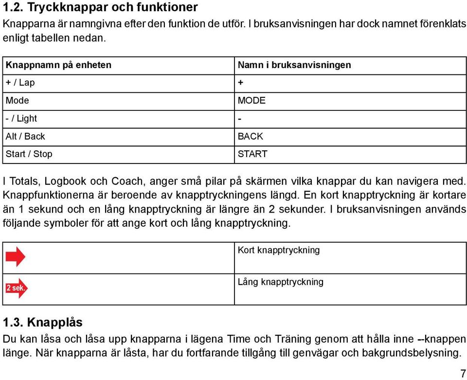 med. Knappfunktionerna är beroende av knapptryckningens längd. En kort knapptryckning är kortare än 1 sekund och en lång knapptryckning är längre än 2 sekunder.